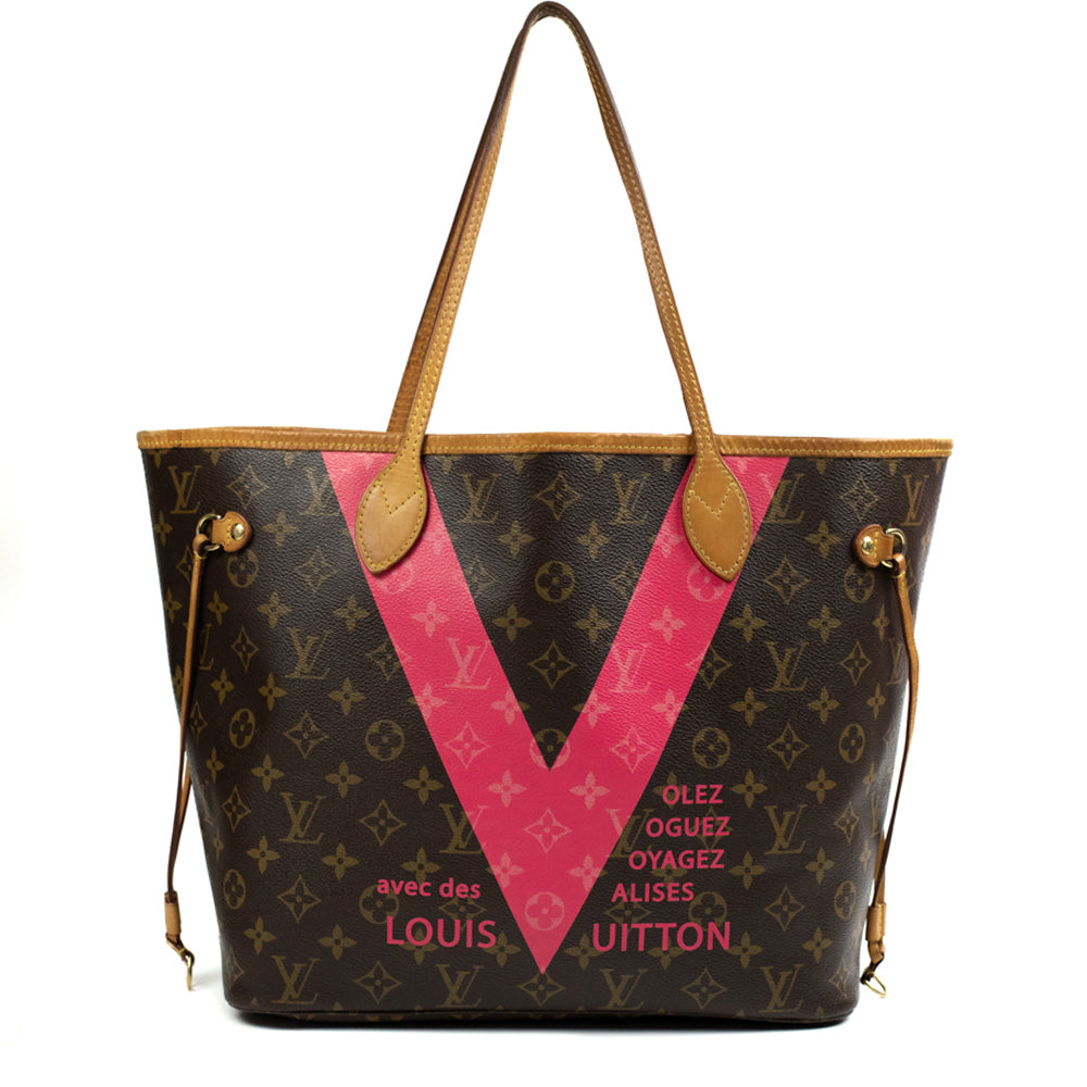 LOUIS VUITTON Neverfull MM Monogram Canvas Tote Bag Brown/Red